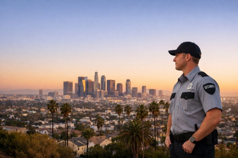 Professional security guard standing calmly in front of the Los Angeles skyline at sunset with downtown skyscrapers and palm trees in view