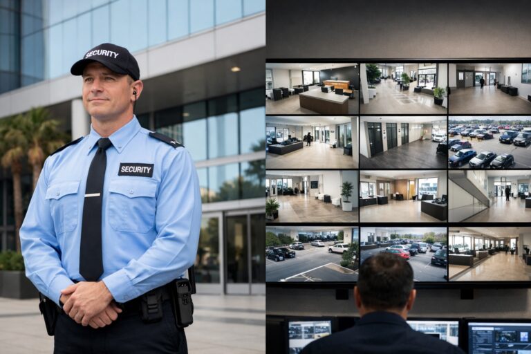 Uniformed security guard standing outside a modern Los Angeles commercial building beside a wall of surveillance monitors displaying multiple camera feeds