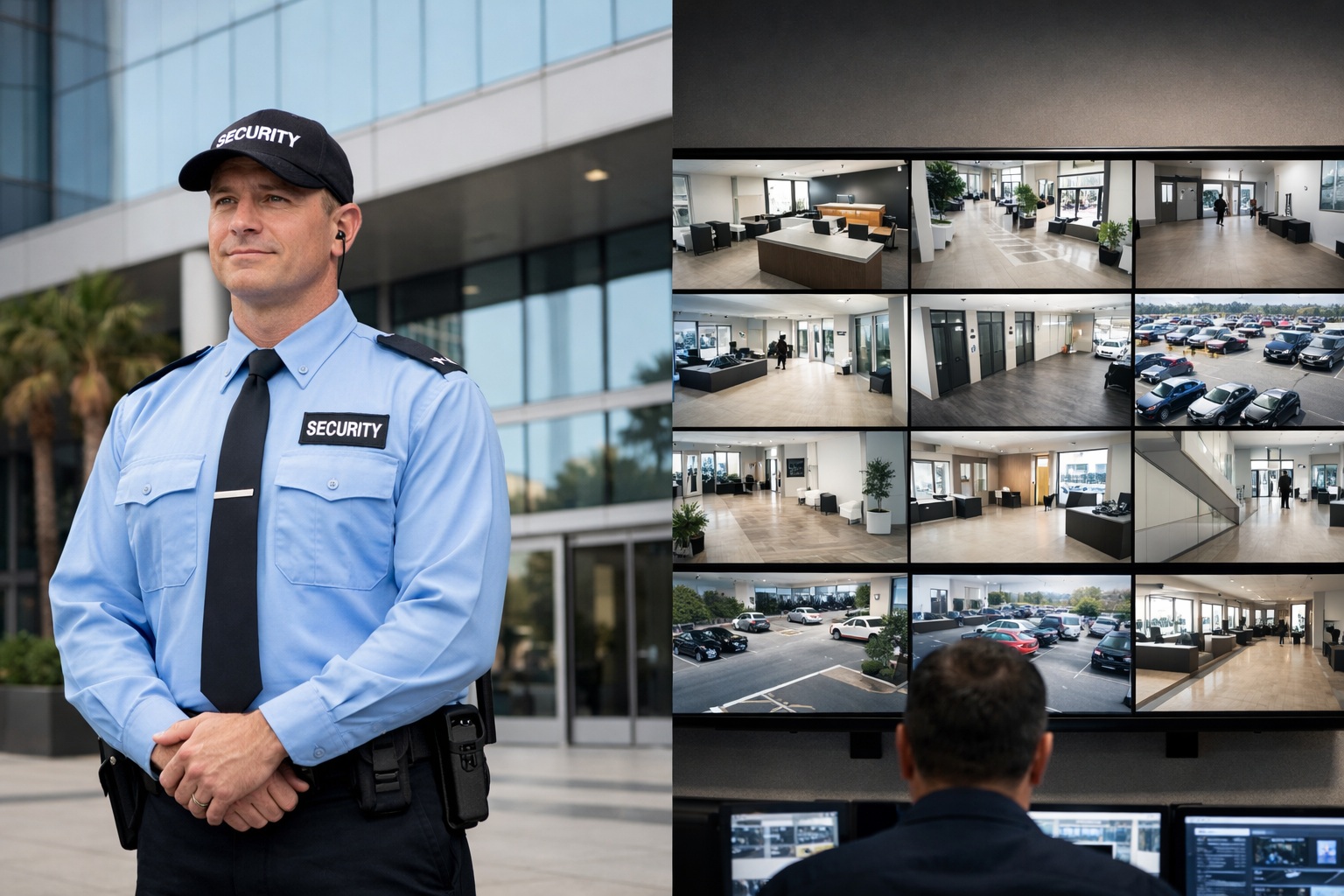 Uniformed security guard standing outside a modern Los Angeles commercial building beside a wall of surveillance monitors displaying multiple camera feeds