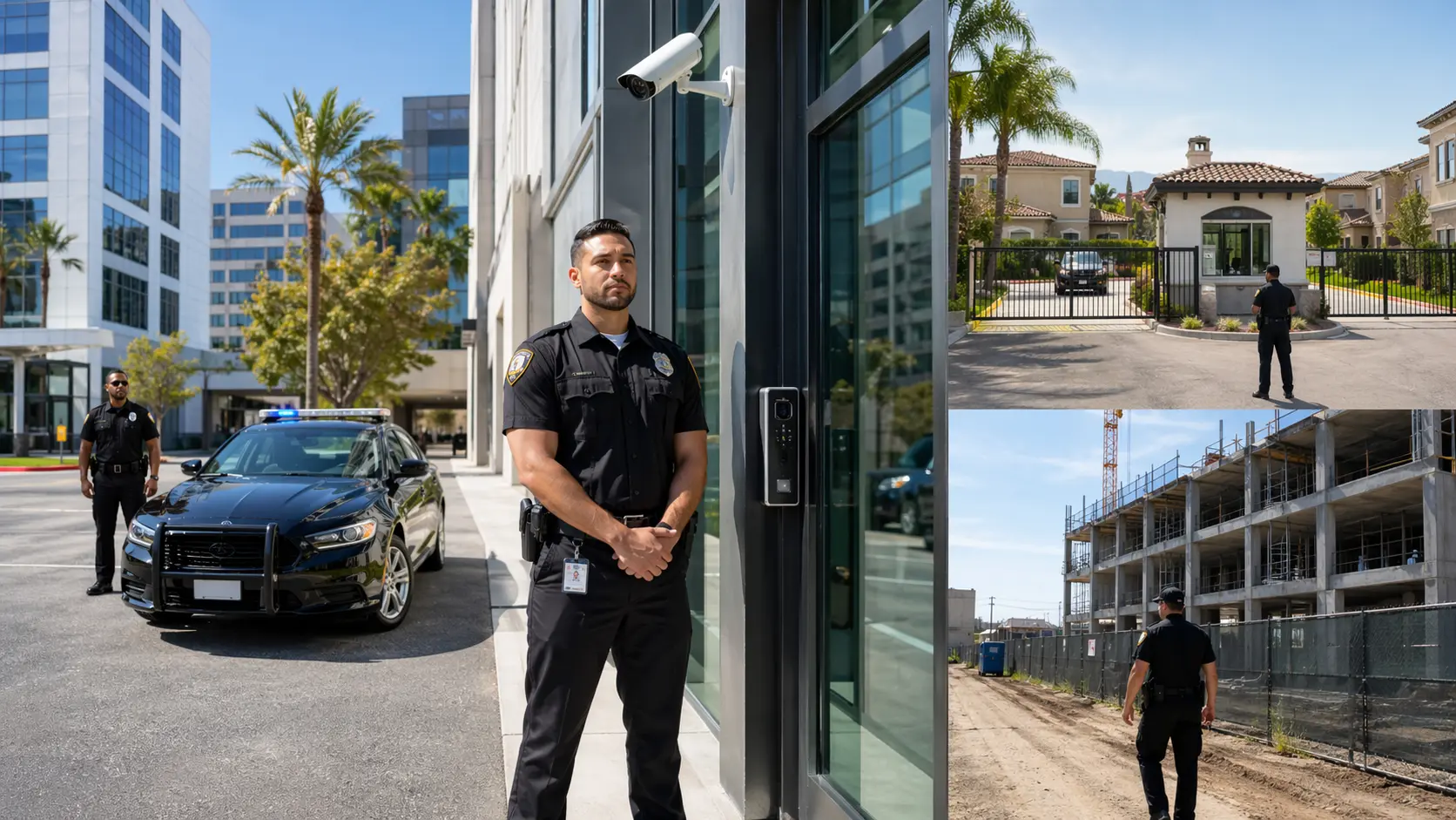 Professional commercial security services in California showing office building security guard, mobile patrol vehicle, gated community checkpoint, CCTV surveillance, and construction site security patrol.