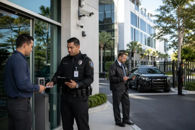 Licensed security guard verifying visitor access at a modern commercial building entrance in California with patrol supervisor and CCTV security system visible