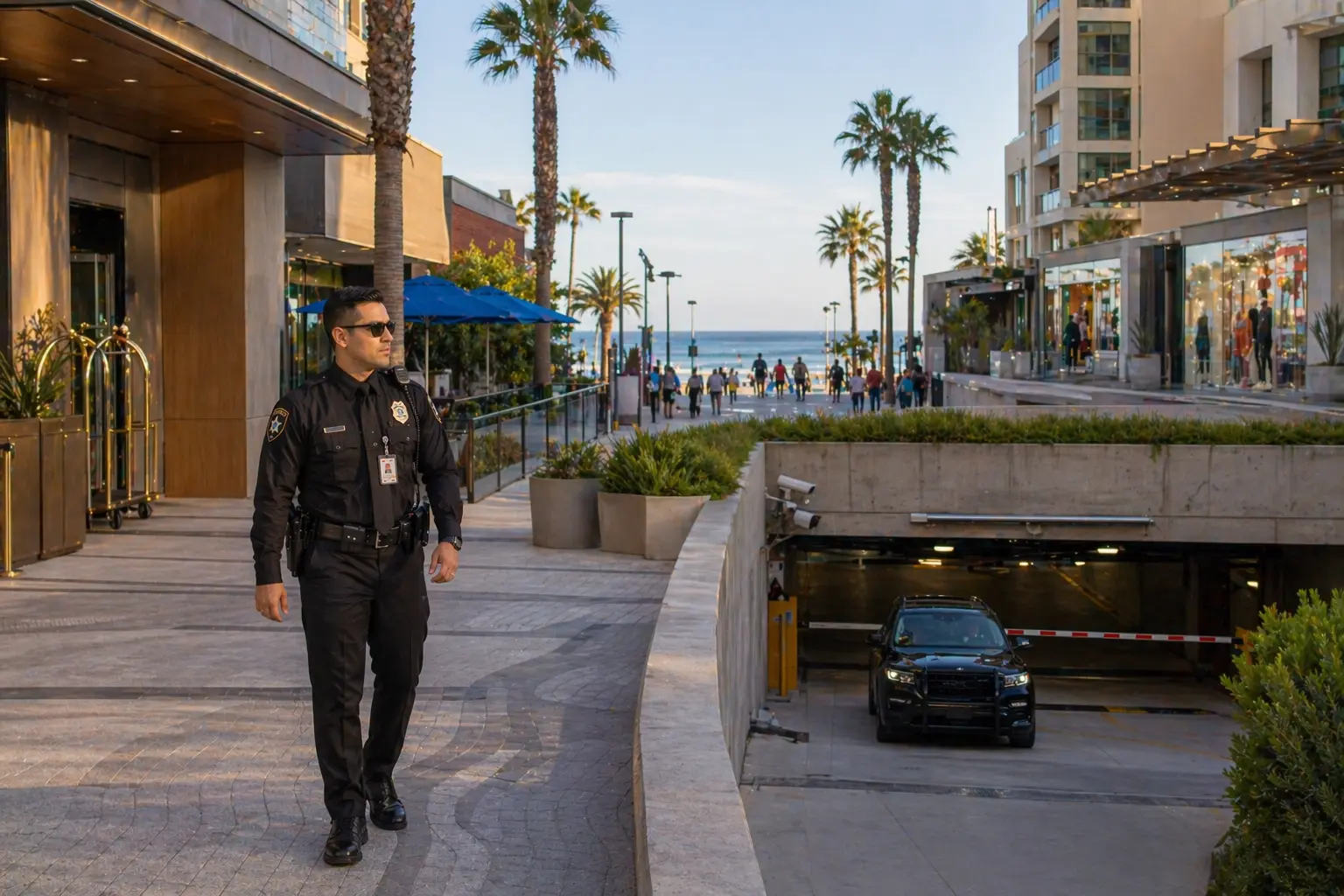 Security guard patrolling a mixed-use property in Santa Monica near hotel entrance, retail storefronts, residential buildings, and secure parking area with beachfront urban setting