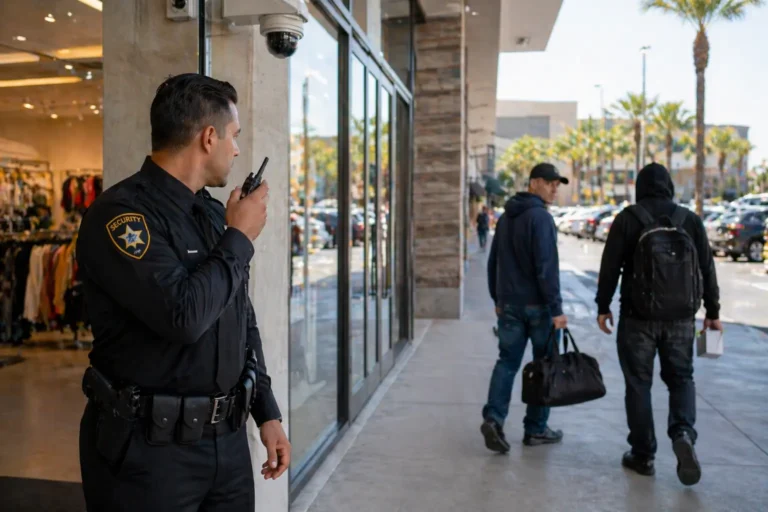Security guard monitoring suspicious activity at a shopping center entrance using radio communication with CCTV surveillance visible in a retail security environment