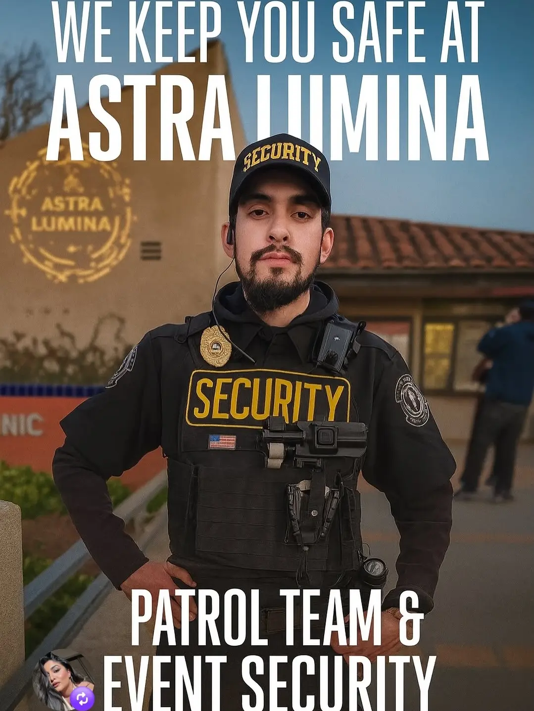 Uniformed security guard at Astra Lumina event providing patrol services and event security, ensuring visitor safety and on-site protection.