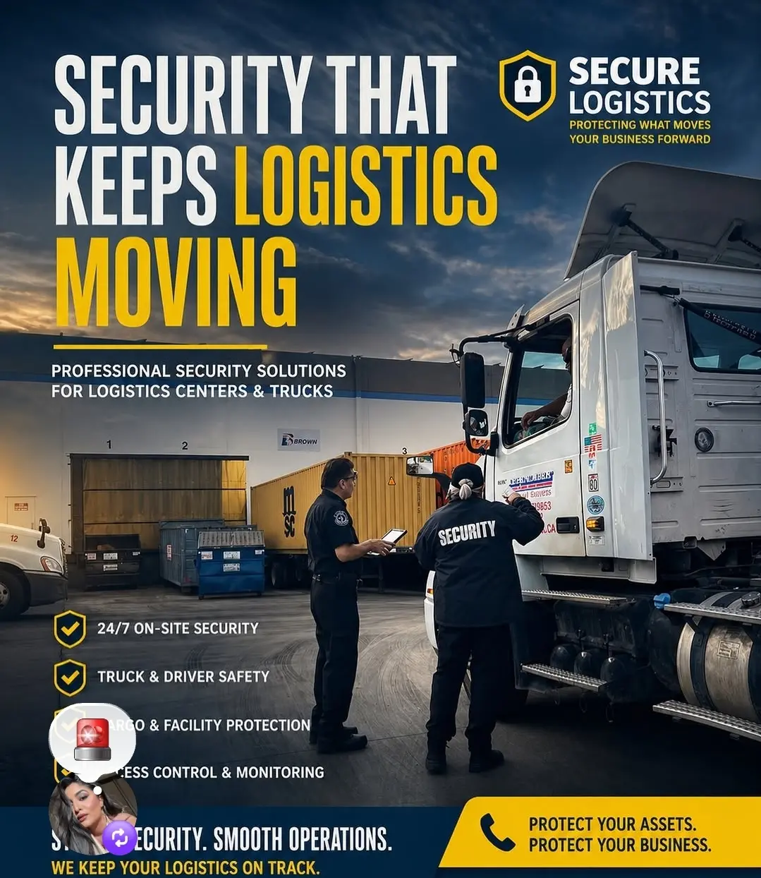 Professional security guards inspecting a truck at a logistics facility, highlighting 24/7 logistics security, cargo protection, and driver safety services.