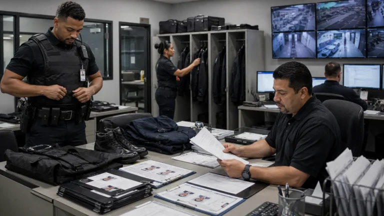 Professional security officer preparing for duty while a security company manager reviews personnel files, training records, uniforms, equipment inspections, and employment documentation in a modern security operations office with CCTV monitoring.