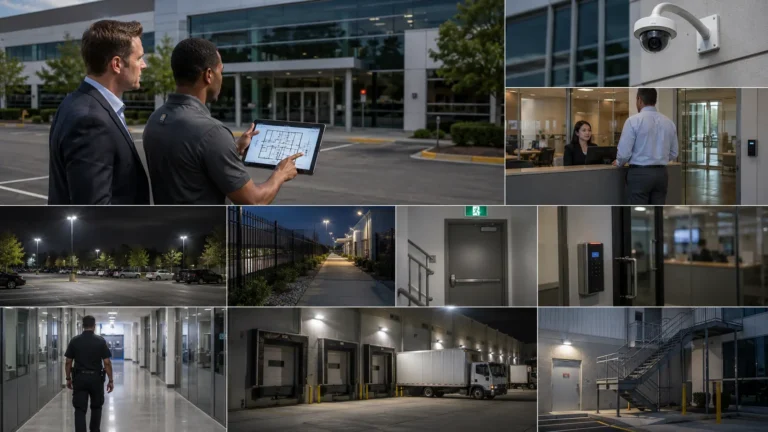 Professional security consultant and business owner inspecting a modern commercial office building while reviewing a digital site plan, with CCTV cameras, controlled access doors, visitor reception, parking lot lighting, perimeter fencing, loading dock security, emergency exits, and a security officer conducting a routine patrol.