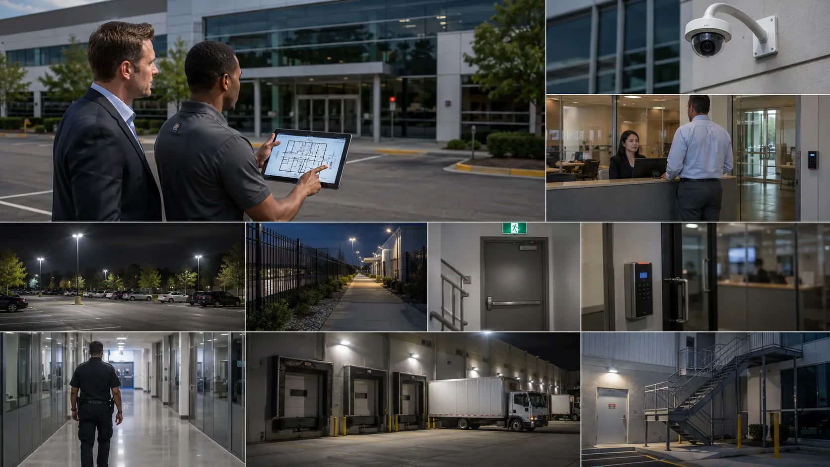 Professional security consultant and business owner inspecting a modern commercial office building while reviewing a digital site plan, with CCTV cameras, controlled access doors, visitor reception, parking lot lighting, perimeter fencing, loading dock security, emergency exits, and a security officer conducting a routine patrol.