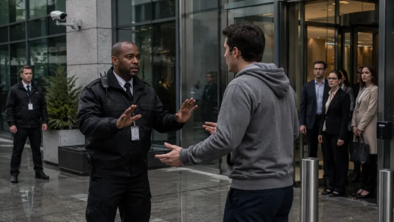 Professional security officer using calm communication and open body language to de-escalate a tense situation outside a modern commercial office building while a second officer monitors the area, employees remain in a secure location, and CCTV cameras oversee the controlled entrance.