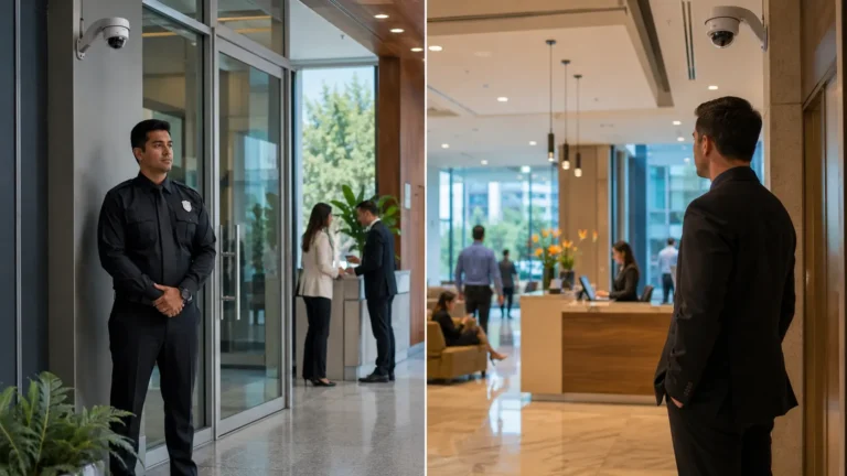 Split-scene comparison of a uniformed security guard at a commercial property entrance and a plainclothes security officer discreetly monitoring activity inside the lobby.