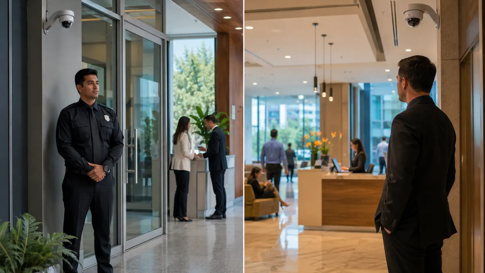 Split-scene comparison of a uniformed security guard at a commercial property entrance and a plainclothes security officer discreetly monitoring activity inside the lobby.