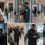Professional security guard performing daily duties in a modern commercial property, including visitor access control, reception assistance, CCTV monitoring, building patrols, digital incident reporting, and radio communication with the security team.