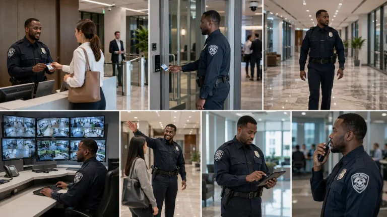 Professional security guard performing daily duties in a modern commercial property, including visitor access control, reception assistance, CCTV monitoring, building patrols, digital incident reporting, and radio communication with the security team.