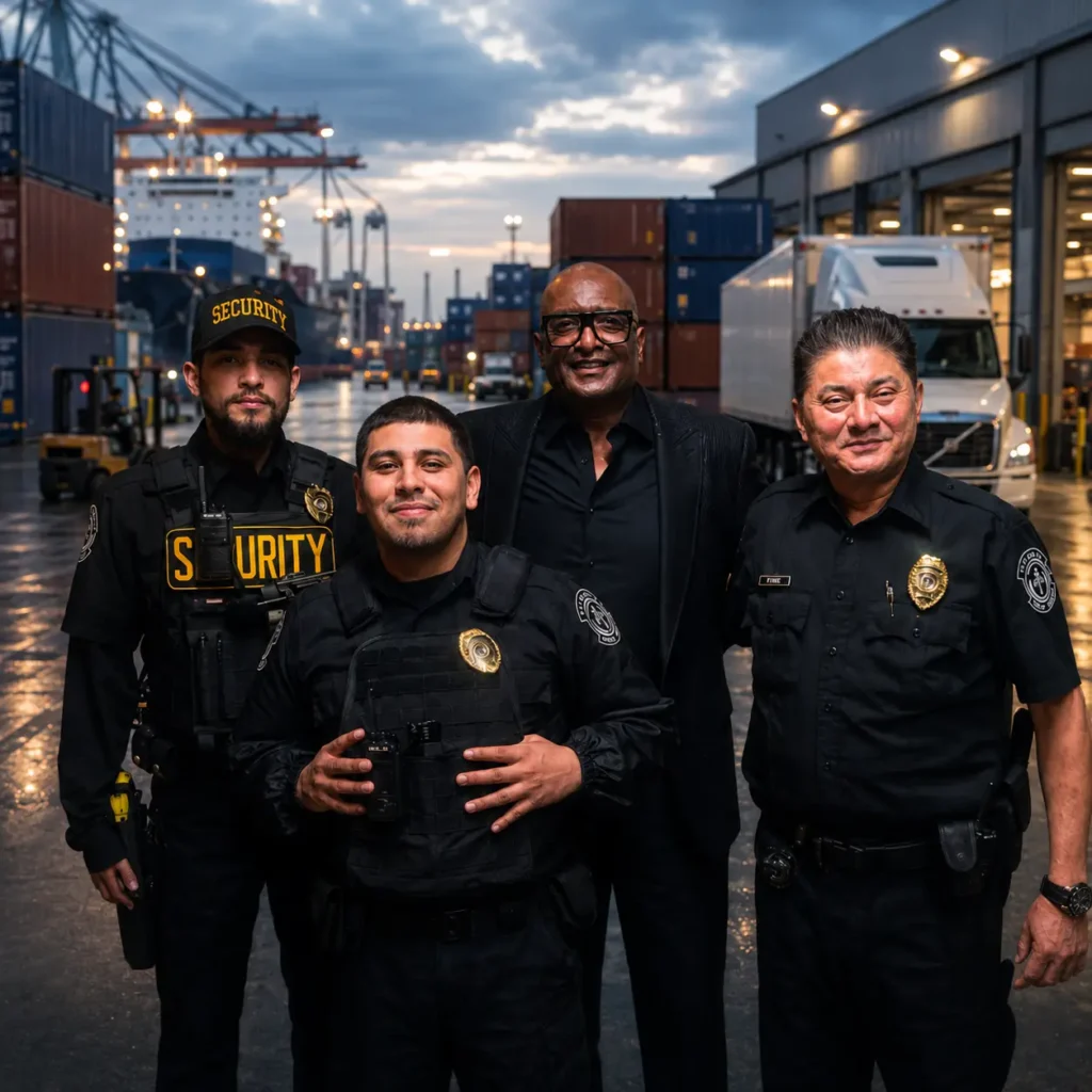IRIS Protection Services security team standing in front of a busy logistics and supply chain hub with cargo containers, warehouse loading docks, trucks, and port operations in Los Angeles.
