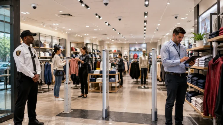 Professional security officer monitoring a modern retail store with CCTV cameras, EAS security gates, helpful staff, organized merchandise, and inventory management to prevent theft and shrinkage.