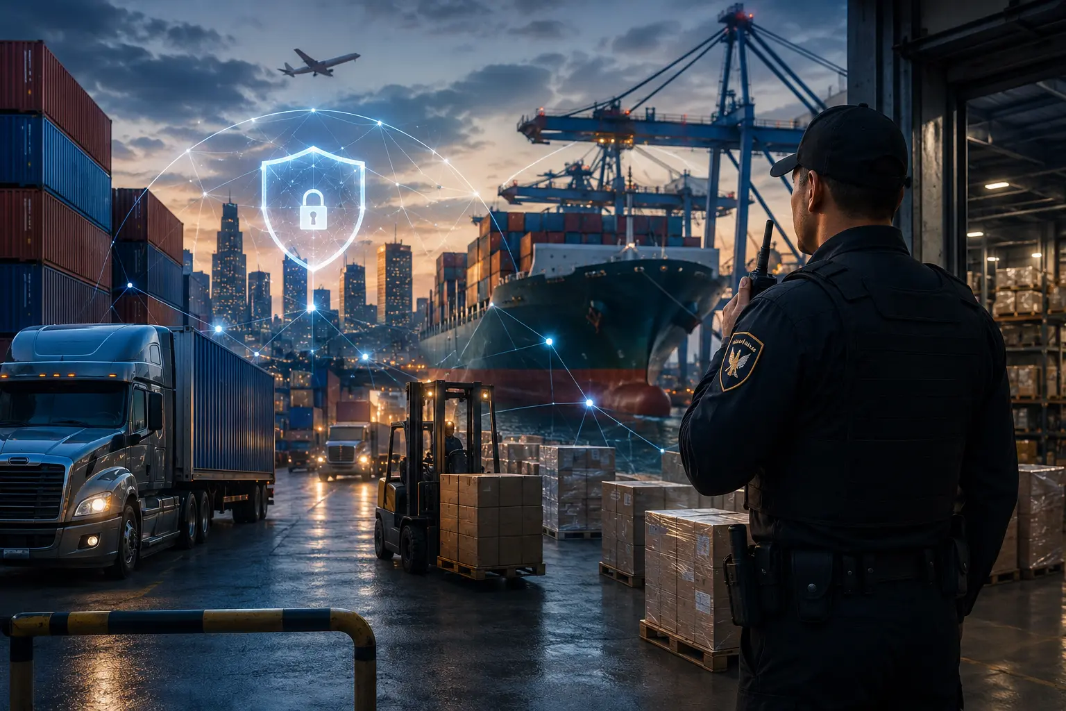 Security officer monitoring cargo containers, trucks, and warehouse operations at a major logistics port in Los Angeles, ensuring supply chain security.