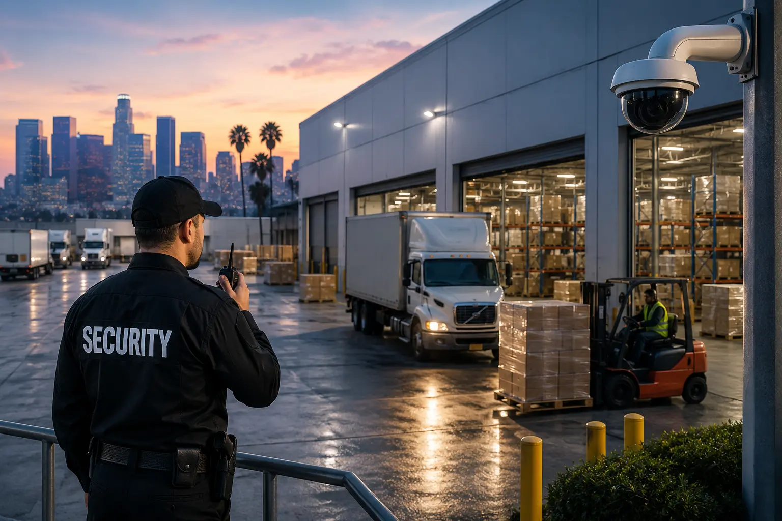 Professional security officer monitoring warehouse loading docks, delivery trucks, forklifts, and logistics operations at a distribution center in Los Angeles.
