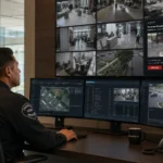 Private security guard monitoring AI-powered surveillance system in a Los Angeles commercial property