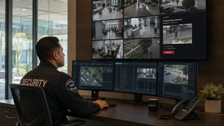 Private security guard monitoring AI-powered surveillance system in a Los Angeles commercial property
