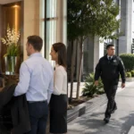 Concierge security officer assisting visitors at a modern commercial property compared with traditional security patrol services