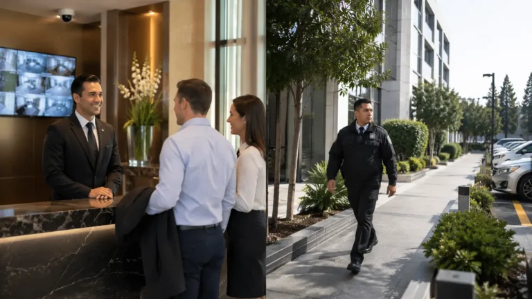 Concierge security officer assisting visitors at a modern commercial property compared with traditional security patrol services