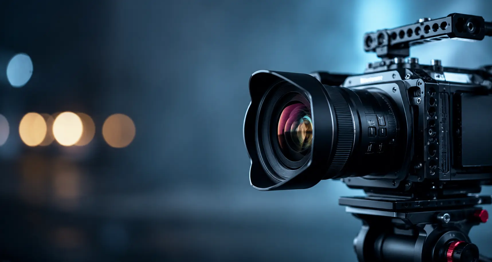 Professional cinema camera representing film and TV production security services in Los Angeles with cinematic lighting and ample copy space for a website hero banner.