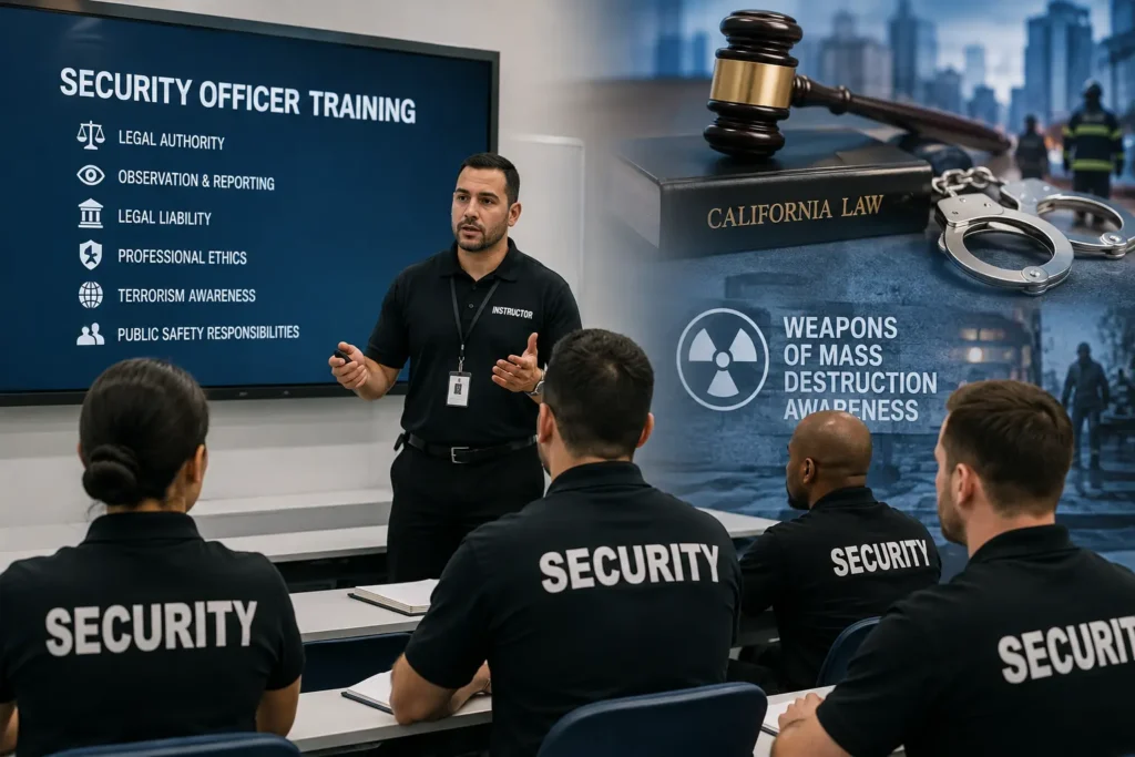 California security guard trainees attending BSIS Initial Guard Card Training with instructor teaching legal authority, Power to Arrest, public safety, and professional security responsibilities