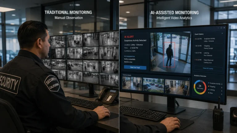 Security guard comparing traditional CCTV monitoring with AI-assisted video analytics in a modern commercial security operations center